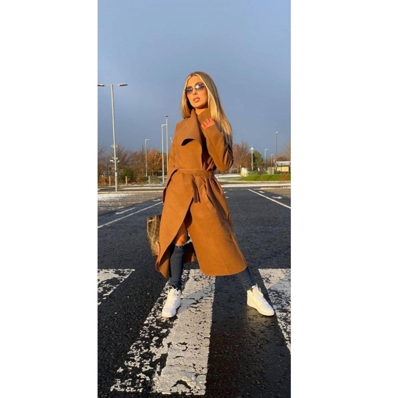 Brown Belted Duster Coat | Oversized Waterfall Collar Jacket - Picture 6 of 6